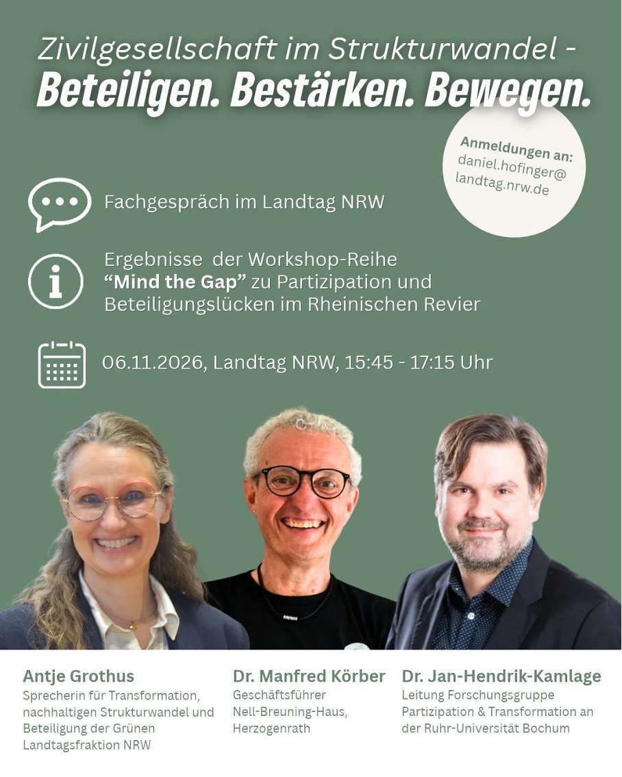 Drei Personen vor grünem Hintergrund mit Text zu Fachgespräch im Landtag NRW am 06.11.2026 über Zivilgesellschaft im Strukturwandel mit den Namen Antje Grothus, Dr. Manfred Körber und Dr. Jan-Hendrik-Kamlage