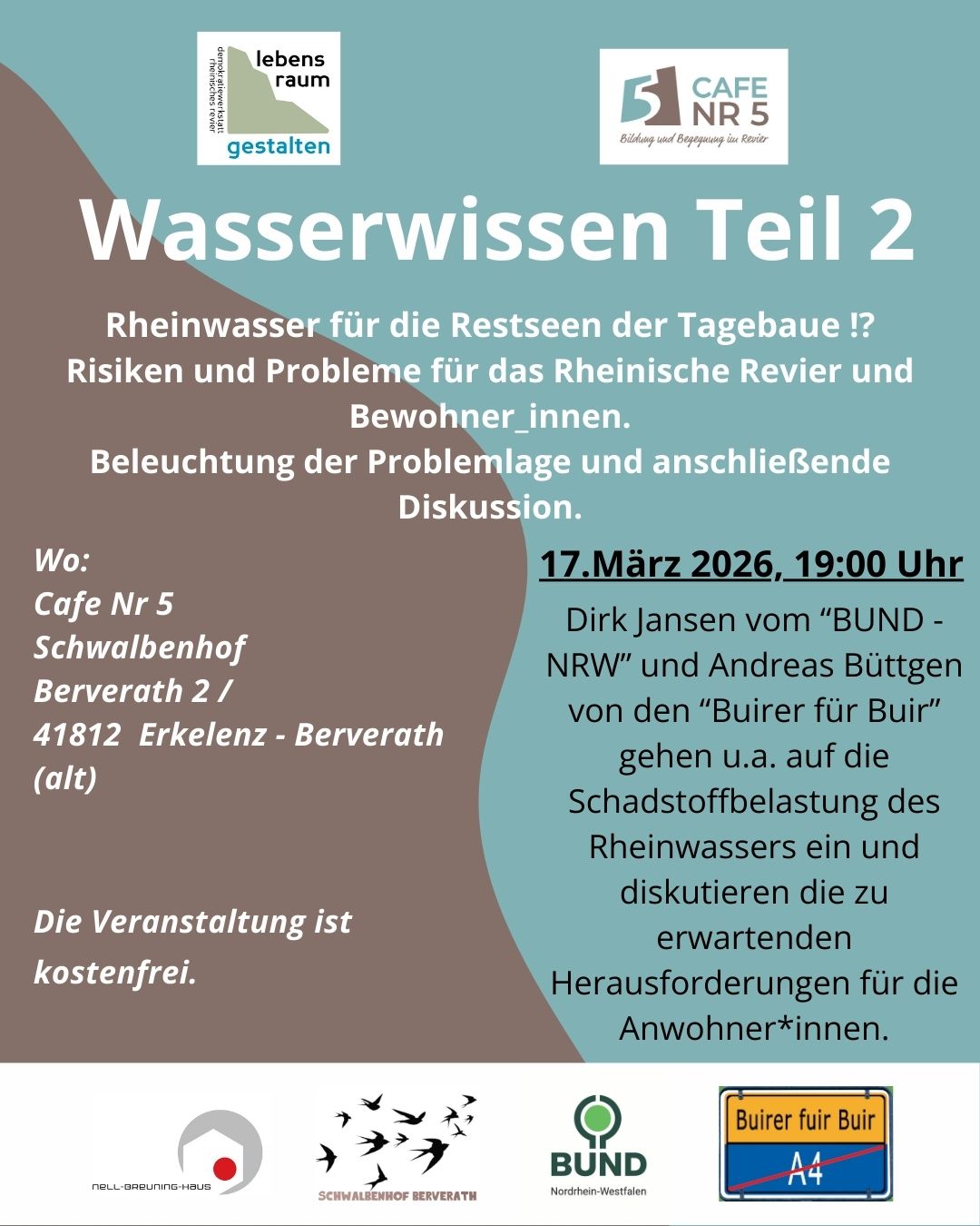 Flyer zur Veranstaltung 'Wasserwissen' am 17.03.26 ab 19.00 Uhr im Cafe Nr 5